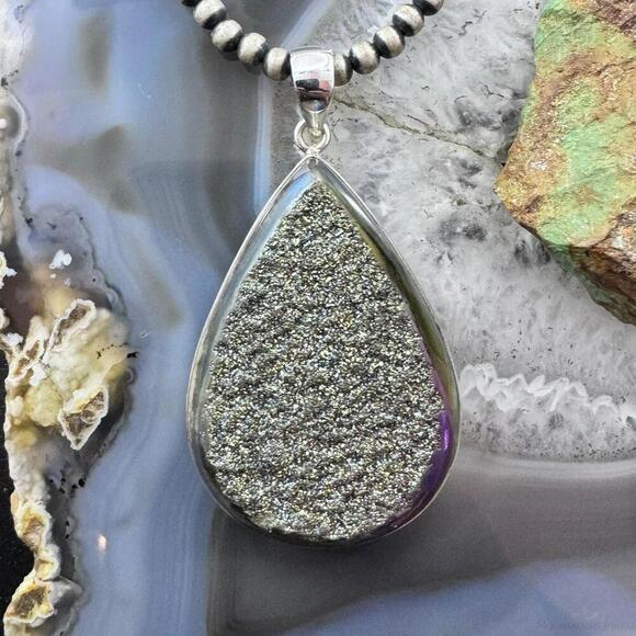 Jewelry - Sterling Silver Large Teardrop Druzy Quartz Double Sided Fashion Pendant